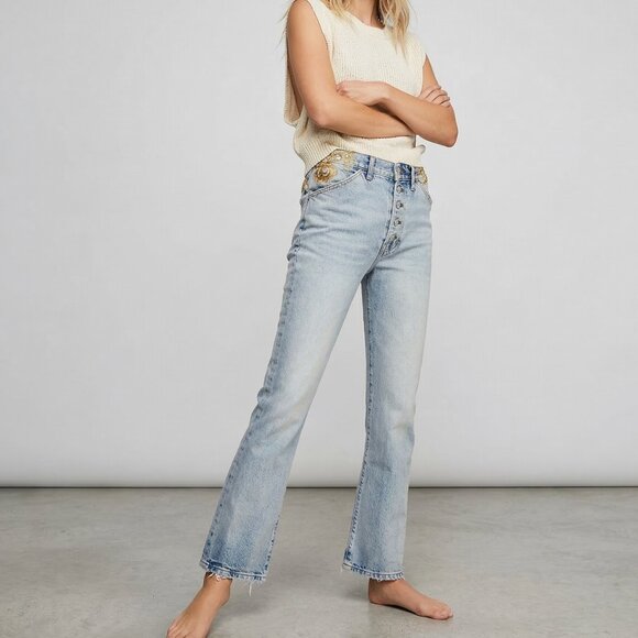 Free People Denim - Free People Novelty Embellished Beaded Sequins Button Fly Straight Jeans